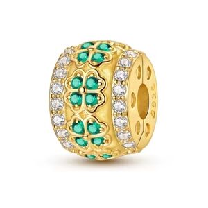 Gold Emerald Green Clover Diamond Charm Bead Sterling Silver 925 Irish